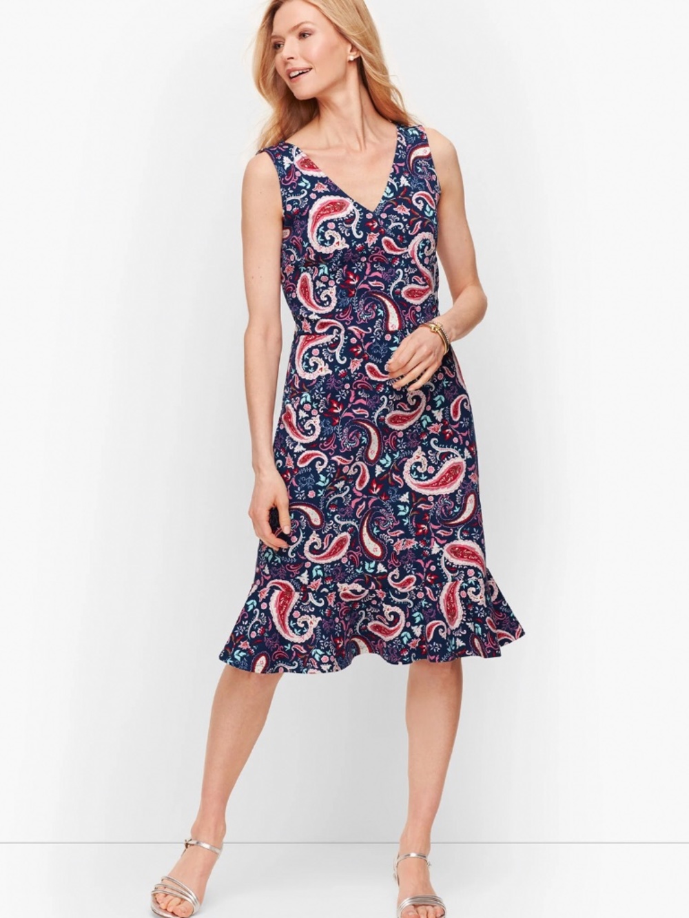 Talbots Watercolor Paisley Flounce Hem Fit & Flare Dress XLP 1XP Navy